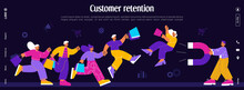 Customer Retention, Loyalty Client Attract Banner. Vector Landing Page Of Business Marketing Strategy With Flat Illustration Of Man With Magnet And People With Shopping Bags
