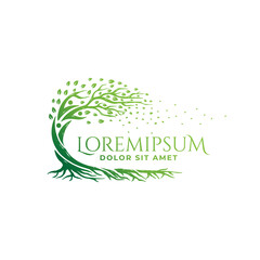 Green circle tree and roots logo design template