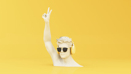 Minimal scene of sunglasses and headphone on human head sculpture, Music concept on yellow background, 3d rendering.