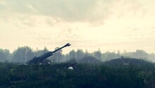 Artillery Howitzer In Combat. War In Ukraine