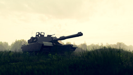 Wall Mural - Military tank in combat on the field