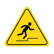 Mind your step icon. Trip, stumble caution sign with fall pictogram man. Warning, danger, yellow triangle sign. Vector illustration..