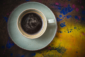 Wall Mural - Mug of hot coffee on a wooden board