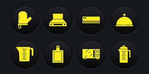 Poster - Set Measuring cup, Covered with tray, Cutting board, Microwave oven, Air conditioner, Kitchen extractor fan, Teapot and Oven glove icon. Vector