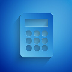 Canvas Print - Paper cut Calculator icon isolated on blue background. Accounting symbol. Business calculations mathematics education and finance. Paper art style. Vector