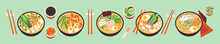 Ramen Noodles Asian Soup. Bowl With Spicy Hot Thai Food. Set Of Japanese Wok Dishes With Chopsticks And Spices Isolated. Vector Flat Geometric Illustration Of Oriental Cuisine Delicacy Culture.