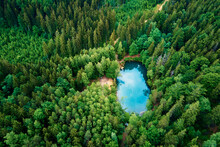 Blue Lake In The Middle Of Green Forest, Aerial View. Wild Colorful Lake In Mountain Park In Poland. Beautiful Nature Landscape