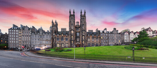 Wall Mural - Edinburgh Old town of street Mound with New College, The University, Scotland panorama at sunset