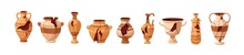 Broken Old Pottery Set. Damaged Cracked Ancient Greek Vases, Jars, Pots, Jugs, Pitchers, Clay Vessels With Splits. Antique Crockery. Flat Graphic Vector Illustrations Isolated On White Background