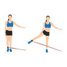 Woman Doing Butt. Cable Standing Abduction With Long Resistance Band Exercise. Flat Vector Illustration Isolated On White Background