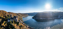 Germany, Rhineland-Palatinate, Sankt Goarshausen, Helicopter Panorama Of Rhine Gorge On Sunny Autumn Day