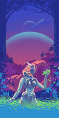 Wall Mural - a lady in a spacesuit is exploring the mysterious forest on an unknown planet.