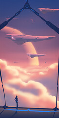 Wall Mural - a lady is observing the army fleet that flying over the sea of clouds, on the spaceship corridor