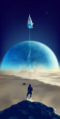 a man in a futuristic suit standing on the peak of an unknown planet with the background of the spac