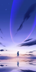 Wall Mural - a lady in a futuristic suit standing on an unknown planet with the background the massive structure in the atmosphere