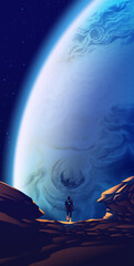 Wall Mural - a man in a futuristic spacesuit walking on the Europa