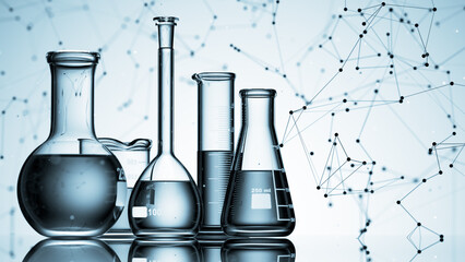 Wall Mural - glass chemistry lab equipment on blue background. chemistry lab concept. 3d