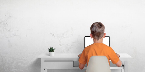 Leinwandbilder - Boy typing on a laptop computer. The concept of sending an email or corresponding with friends. Protection of privacy of minors