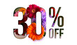 Flowers spring sale 30 percent off. Paper cut with flowers and leaves sale 30% on white background. Unique selling background for flyer, poster, shopping, for symbol sign, discount, selling, banner.