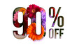 Flowers spring sale 90 percent off. Paper cut with flowers and leaves sale 90% on white background. Unique selling background for flyer, poster, shopping, for symbol sign, discount, selling, banner.