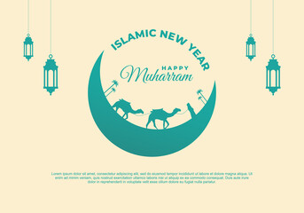 Islamic new year, happy muharram festival greeting card background with green lanterns, man camel on bright color.