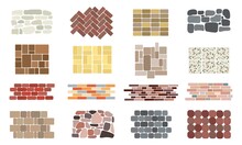 Natural Stone Textures. Italian Square Stones Wall, Granite Block And Cobble Rock Floor. Interior Terrazzo Pattern Tiles, Cartoon Red Bricks And Marble Decent Vector Set