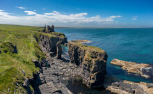 High Angle View Of The Caithness Coast And The Ruins Of The Historic Castle Sinclair Girnigoe