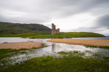 Sticker - long exposure view of the Ardvreck Castle on Loch Assynt in the Scottish Highlands