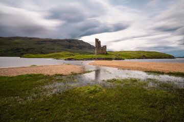 Sticker - long exposure view of the Ardvreck Castle on Loch Assynt in the Scottish Highlands