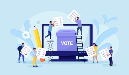 Voting online concept. People putting vote paper in the ballot box on computer screen. Online polling, political election or survey, electoral internet system