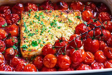 Wall Mural - Baked feta cheese with tomatoes in dish. Trendy homemade recipe.