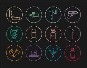 Wall Mural - Set line Canteen water bottle, Medieval spear, Wooden axe, Bullet, Bear head on shield, Trap hunting, Camping gas stove and Sniper optical sight icon. Vector