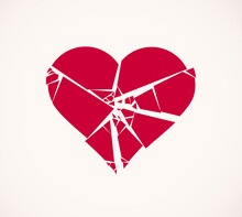 Heart Broken To Pieces Like A Glass Vector Logo Or Icon, Broken Heart Concept, Breakup Or Divorce, Heartbreak Regret, Separated Couple, Tragic Love.