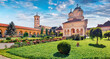 Empty square near Reunification Cathedral, Fortified churches inside Alba Carolina Fortress. Stunning summer cityscape of Alba Iulia, Romania, Europe. Traveling concept background.