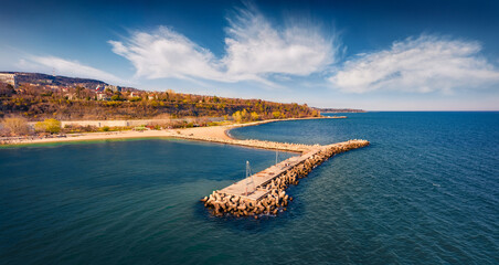 Attractive morning view from flying drone of Varna port. Blue seascape of Black sea, east coast of Bulgaria, Europe. Traveling concept background.