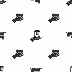 Sticker - Set Ship, House in hand and Hand holding briefcase on seamless pattern. Vector