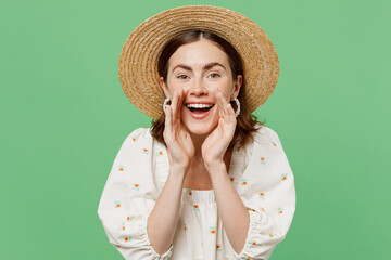 Wall Mural - Young happy promoter fun woman she 20s wear white dress hat scream hot news about sales discount with hands near mouth isolated on plain pastel light green background studio. People lifestyle concept