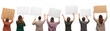 © Syda Productions - feminism and human rights concept - people with posters protesting on demonstration and showing stop gesture over white background