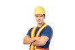 Portrait of male construction worker arms crossed wearing protective clothes, helmet isolated on white background.