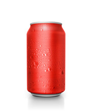 Red Aluminum Cans With Water Droplets On A White Background