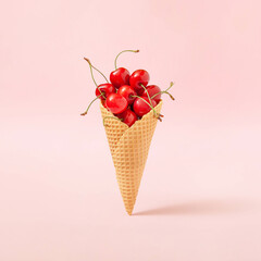 Wall Mural - Creative composition with ice cream cone full of fresh red cherries against pastel pink background. Vegan dessert concept.