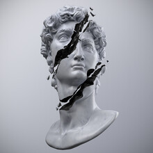 Abstract Illustration From 3D Rendering Of A White Marble Bust Of Male Classical Sculpture Broken Shattered In Three Large Black Cut Edge Pieces And Tiny Fragments Isolated On Gray Background.