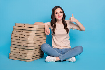 Sticker - Full length photo of lady get many pizza box enjoy high quality make thumb up isolated blue color background