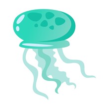 Green Jellyfish Vector Illustration Set. Cute Cartoon Sea Jellies Watercolor Collection Isolated On White. Marine Animals Concept