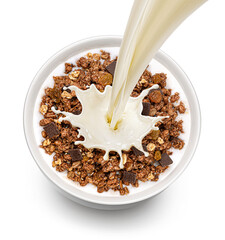Sticker - Chocolate granola with milk isolated on white background, top view
