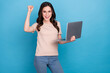 canvas print picture - Photo of attractive office worker woman celebrate successful deal with investors isolated on blue color background