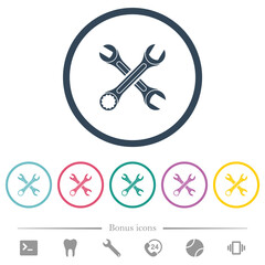 Sticker - Two wrenches flat color icons in round outlines