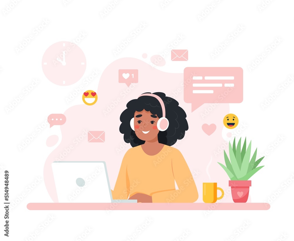 Black woman working with computer, home office, student or freelancer. Customer service, call center and support. Cute concept vector illustration in flat style