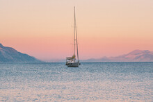 Sailing Boat In Aegean Sea Sunset Landscape Travel Yachting Tour Cruise Beautiful Scenery