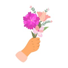  Hands of florists holding bouquets vector illustration. Bunches of flowers, plants with blossoms isolated on white